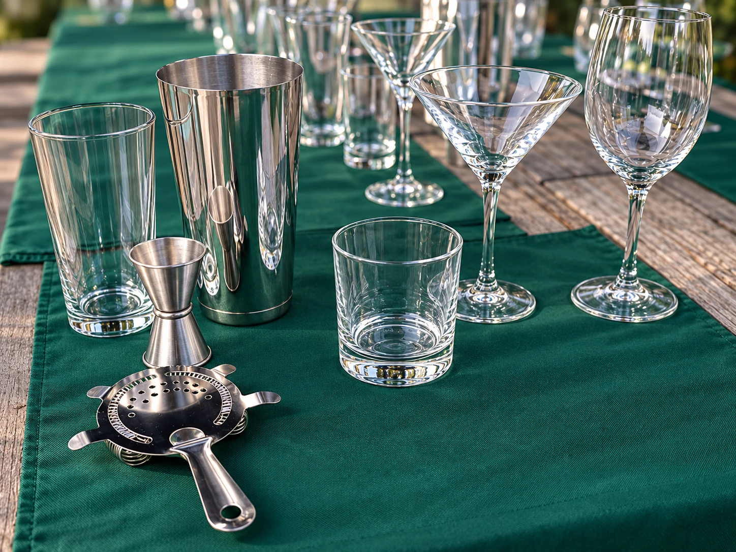 Glassware and cocktail tools arranged at class stations on green mats