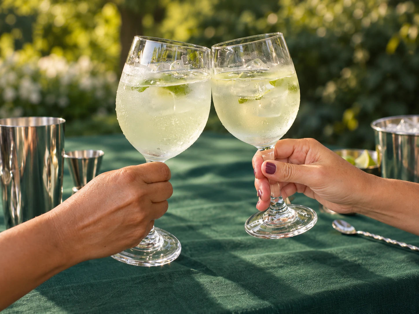 Hands raising two pale citrus cocktails above a green class table