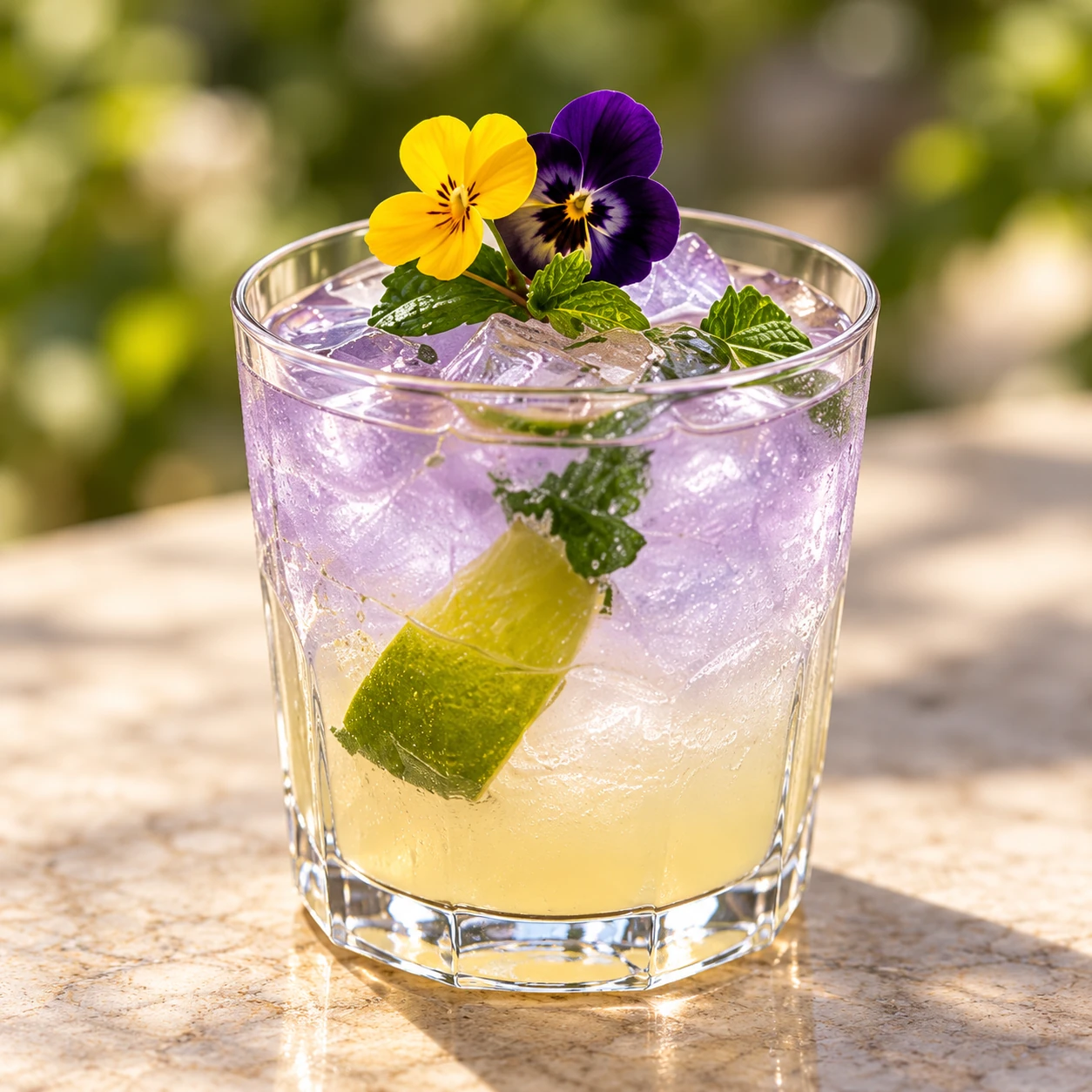 A purple and citrus cocktail garnished with mint and yellow and purple flowers