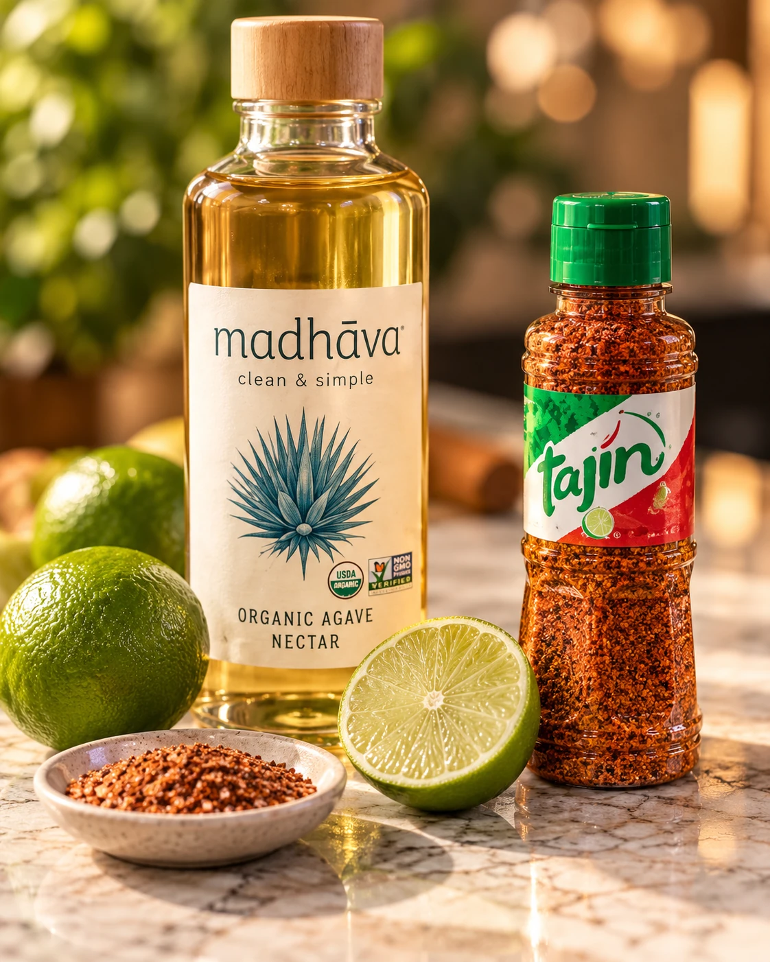 Agave nectar, Tajín and fresh limes arranged together