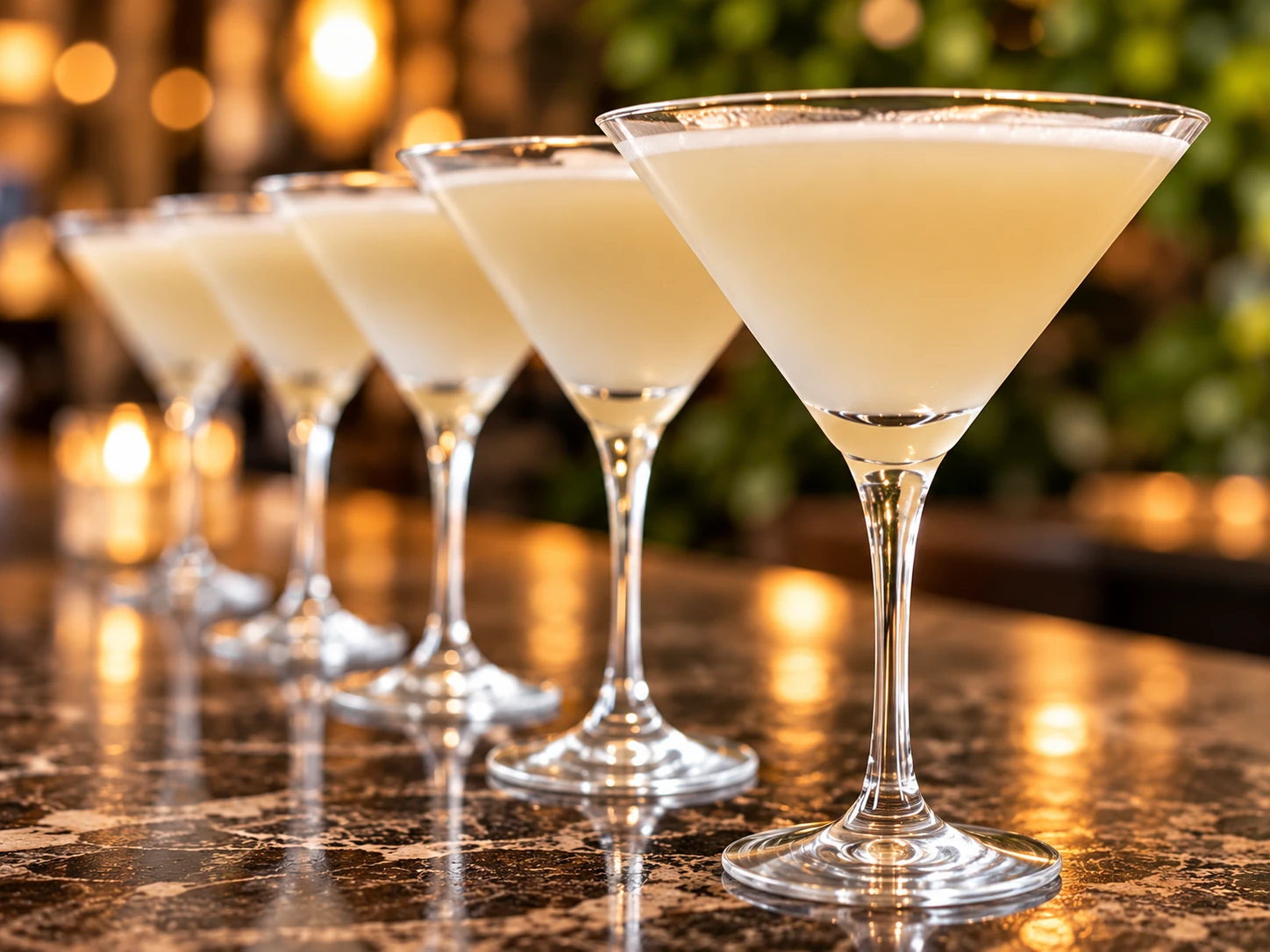A row of pale martinis with clear glass stems and soft warm light